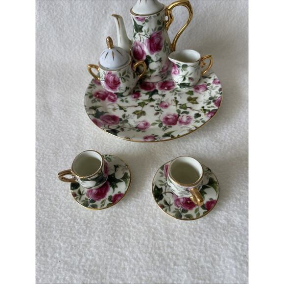 Vintage Miniature Chintz Pink Floral 10 Piece Tea Set- Slight Chips- See Pics - Picture 2 of 7